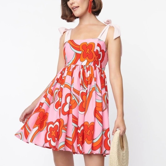 Unique Vintage Smak Parlor Pink Psychedelic Floral Print Babydoll Dress NWT - Picture 1 of 10